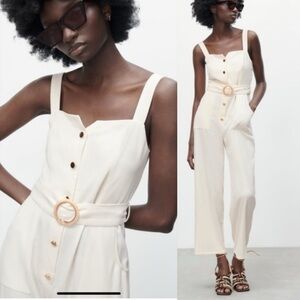 Zara white‎ belted jumpsuit size medium minimalist vacation summer